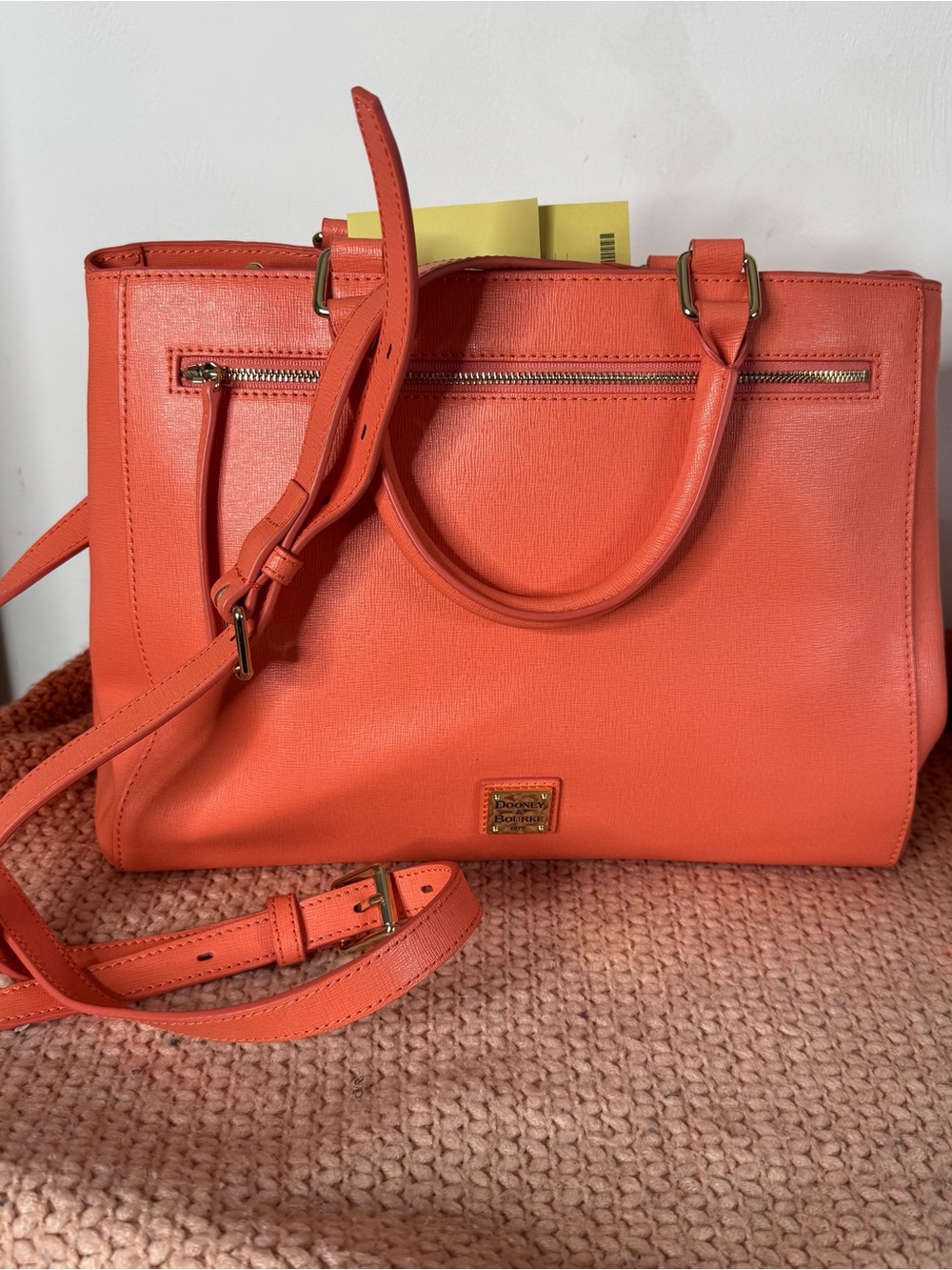 Dooney & Bourke Saffiano Leather Zip Satchel in Coral Detachable Strap